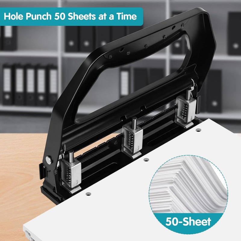 AFMAT 3 Hole Punch Heavy Duty, 9/32" Holes, 50-Sheet Hole Puncher 3 Ring, 50% Reduced Effort, Adjustable Two & Three Hole Punch, Metal Paper Puncher w/Large Chip Tray, Metal Paper Guide, Black, HP18 - Image 2